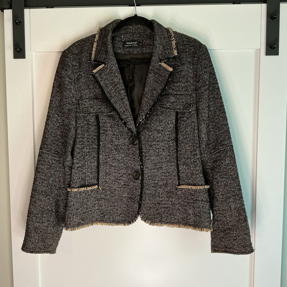 Tribal Tweed Size 14 Wool Blend Jacket Raw Fringe Hem Pockets Career‎ Office